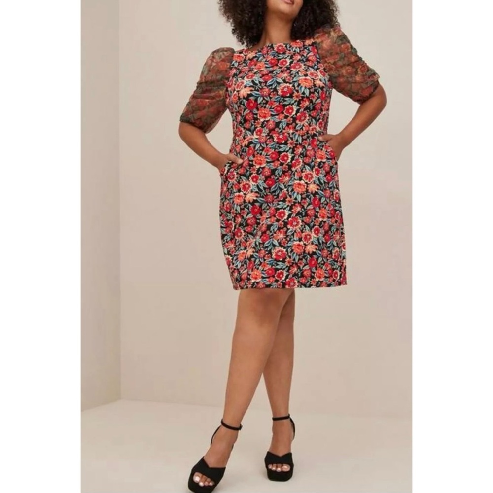 Torrid Mini Scuba Crepe and Organza Floral Puff Sleeve Dress Feminine 24 NWT